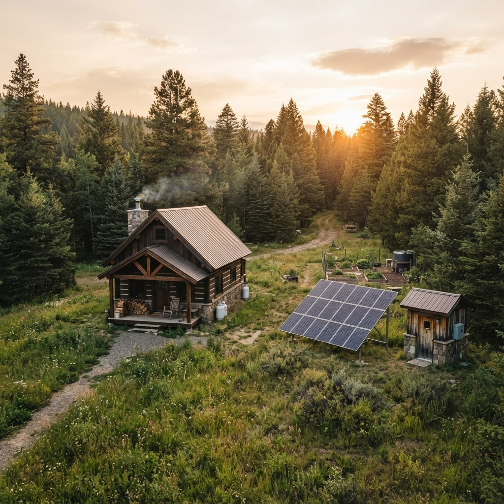 Off-grid homestead cabin with a ground-mounted solar array at golden hour