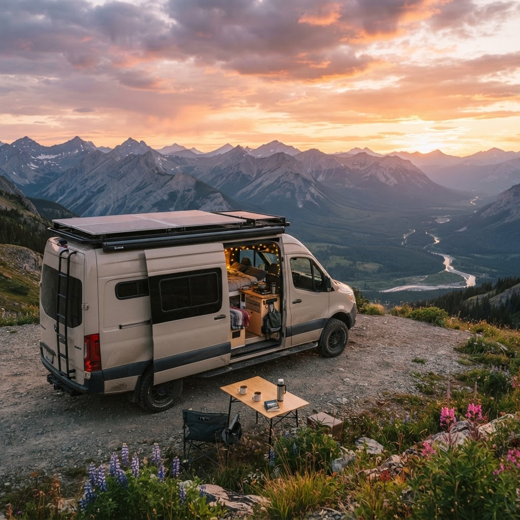A camper van with roof-mounted solar panels parked at a mountain overlook at sunset